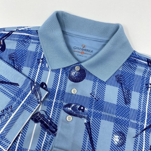 Golf America Men’s Large Blue‎ Plaid Polo Shirt w Golf Balls and Clubs